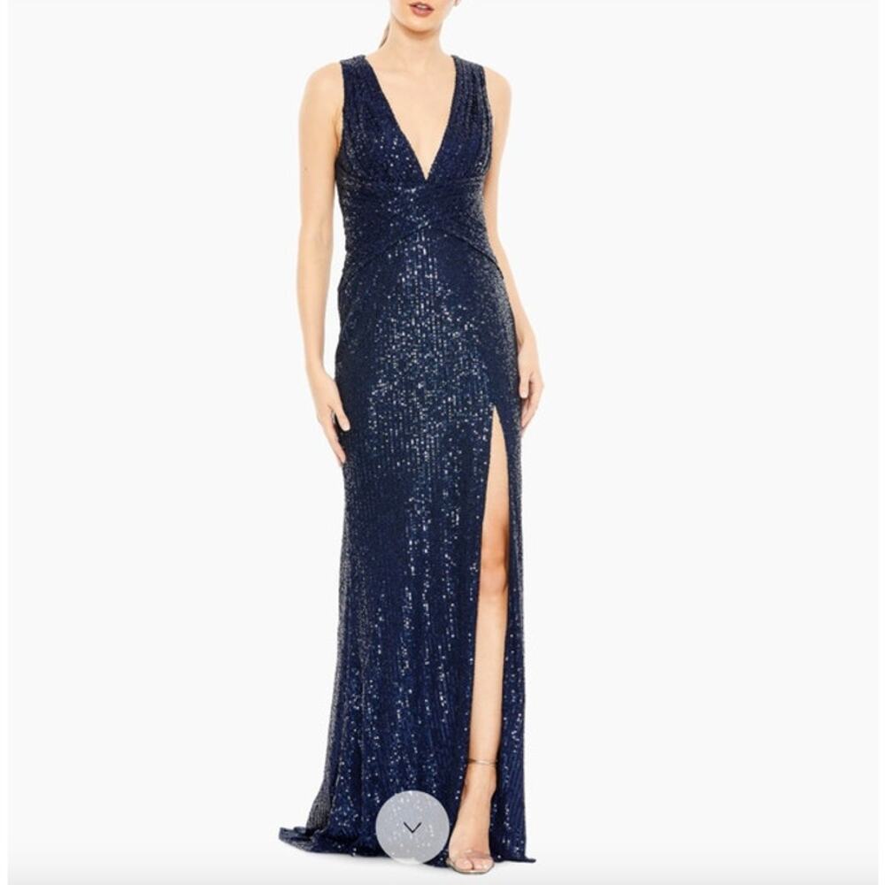 MAC DUGGAL Dress Size 8 Evening Gown Sequin NEW Navy Blue V Neck Wrap Waist